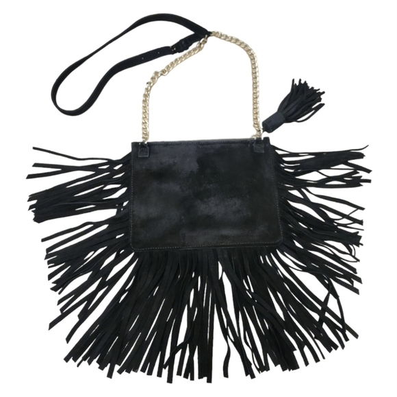 𝅺ALICE+OLIVIA Black Suede Fringe Studded Tassel Crossbody Bag - Picture 2 of 15